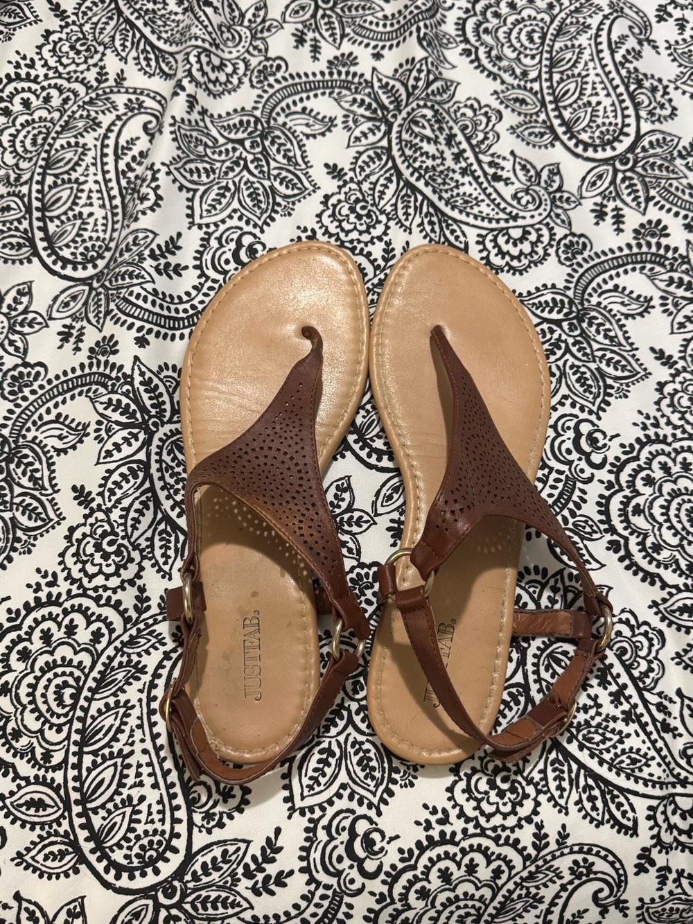 JustFab Brown T-Strap Perforated Leather Sandals